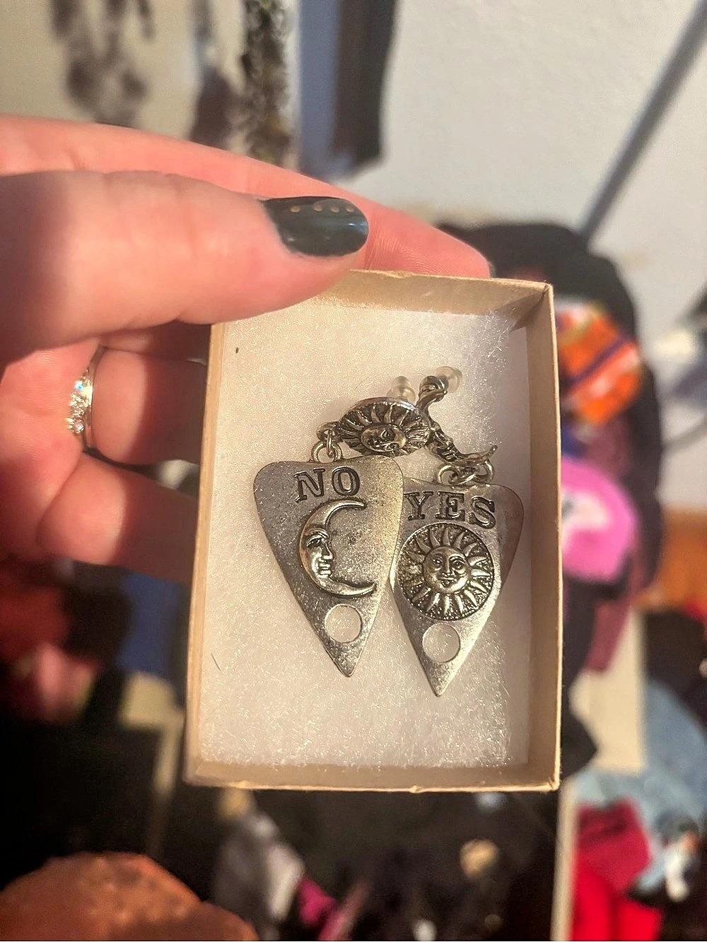 Ouija Face Drop Earrings in Silver Like New